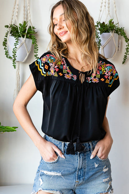 Gray Embroidered Tie-Neck Tassel Blouse