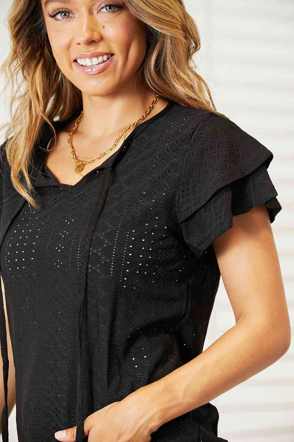 Dark Slate Gray Double Take Eyelet Tie-Neck Flutter Sleeve Blouse Sentient Beauty Fashions Apparel &amp; Accessories