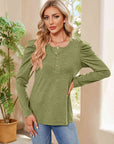 Rosy Brown Buttoned Round Neck Puff Sleeve T-Shirt Sentient Beauty Fashions Apparel & Accessories