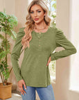 Rosy Brown Buttoned Round Neck Puff Sleeve T-Shirt