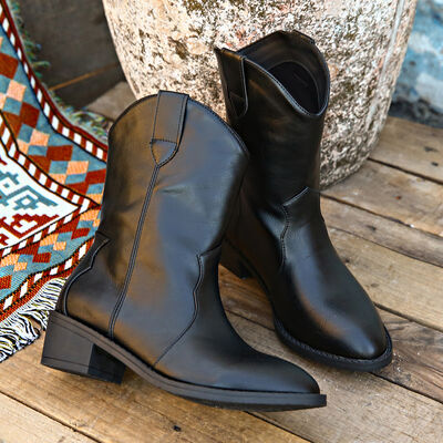 Dark Slate Gray PU Leather Block Heel Boots Sentient Beauty Fashions Apparel & Accessories