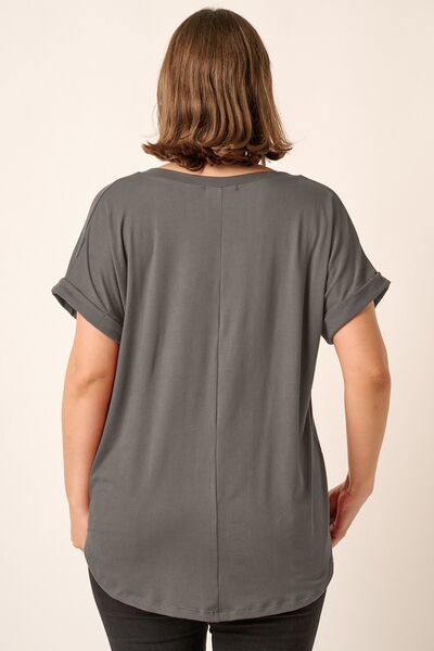 Dark Slate Gray Mittoshop Full Size V-Neck Rolled Short Sleeve T-Shirt Sentient Beauty Fashions Apparel &amp; Accessories