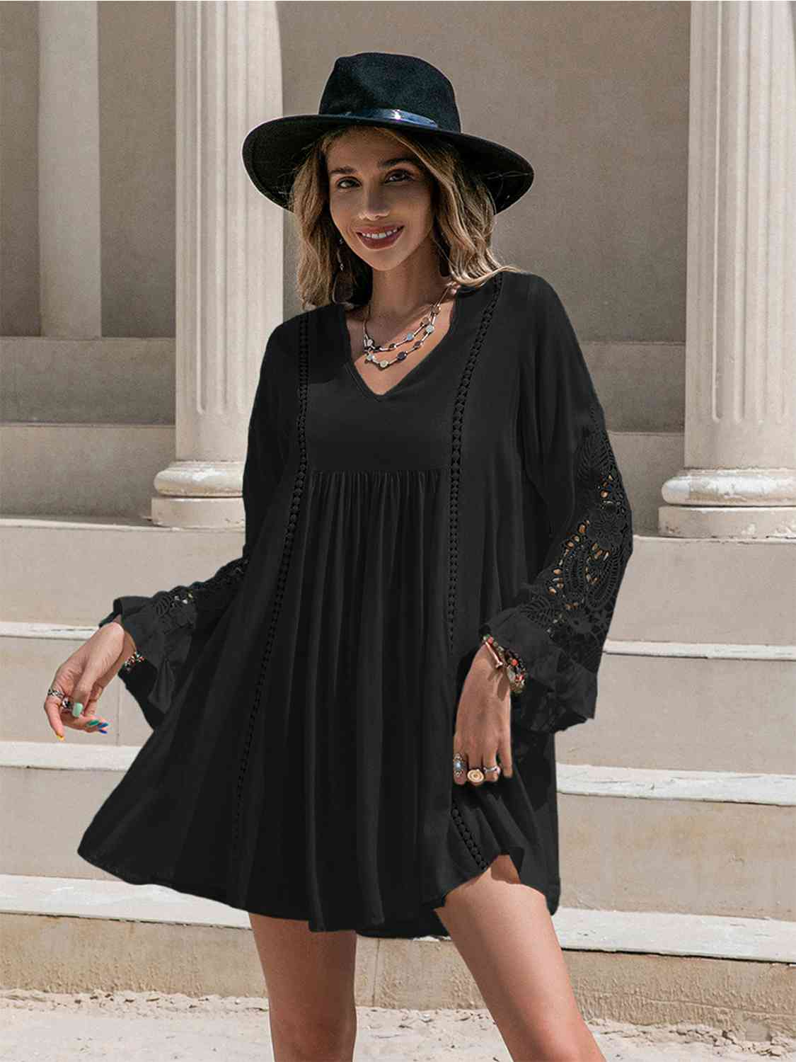 Dark Gray Lace Detail V-Neck Mini Dress Sentient Beauty Fashions Apparel & Accessories
