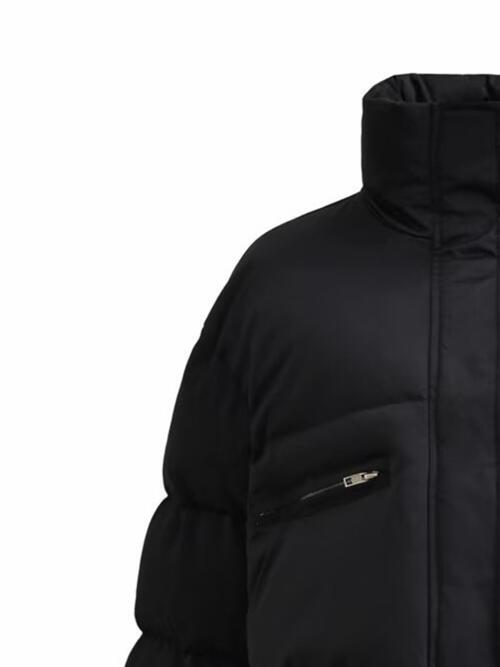 Black Snap and Zip Closure Drawstring Cropped Winter Coat
