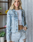 Dark Gray Veveret Distressed Button Up Denim Jacket