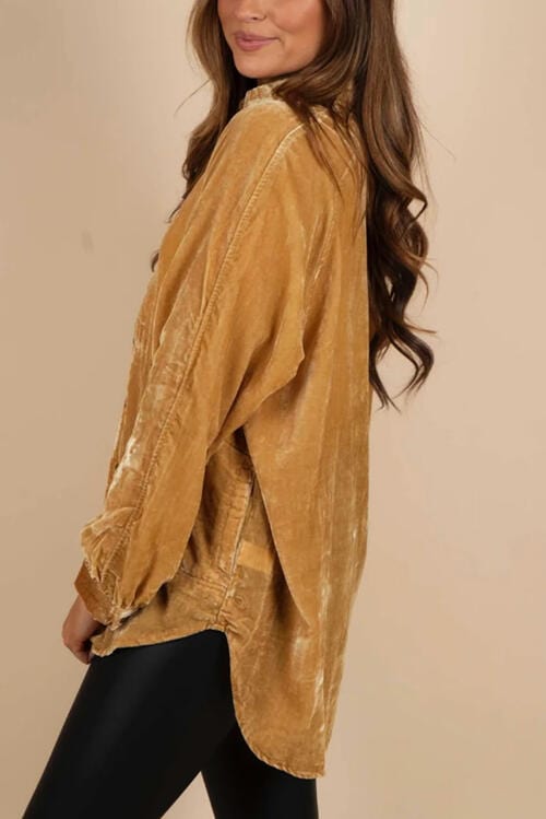 Tan Button Up Collared Neck Long Sleeve Velvet Shirt