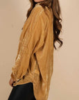 Tan Button Up Collared Neck Long Sleeve Velvet Shirt