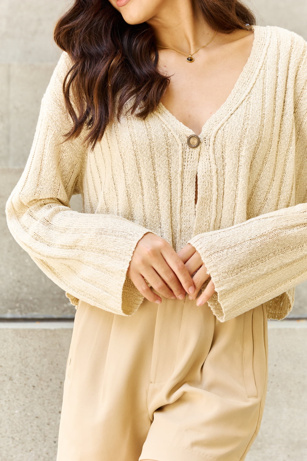 Wheat POL Hear Me Out Semi Cropped Ribbed Cardigan in Oatmeal Sentient Beauty Fashions Apparel & Accessories