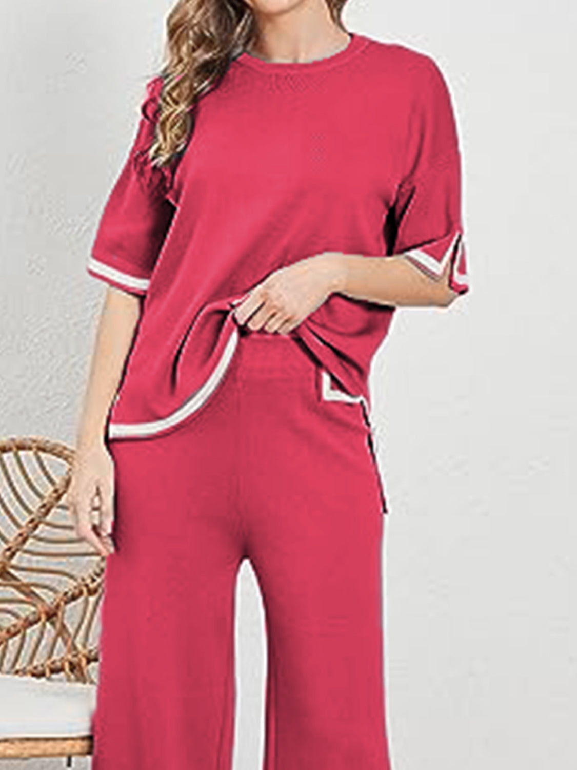 Maroon Contrast High-Low Sweater and Knit Pants Set Sentient Beauty Fashions Apparel &amp; Accessories