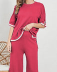 Maroon Contrast High-Low Sweater and Knit Pants Set Sentient Beauty Fashions Apparel & Accessories