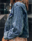 Dark Slate Gray Button Up  Collared Neck Distressed Denim Jacket