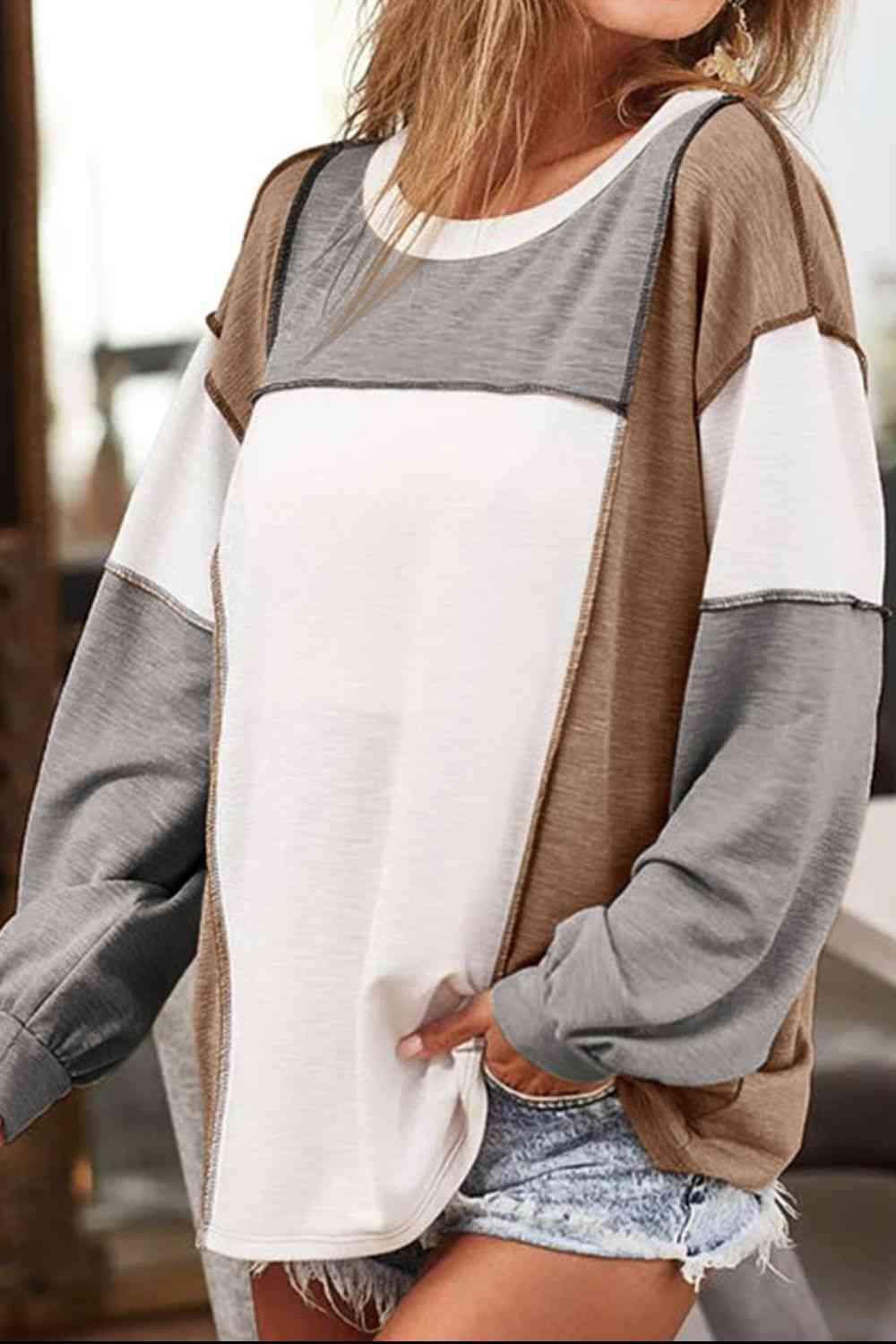 Gray Color Block Exposed Seam Boat Neck Top Sentient Beauty Fashions Apparel & Accessories