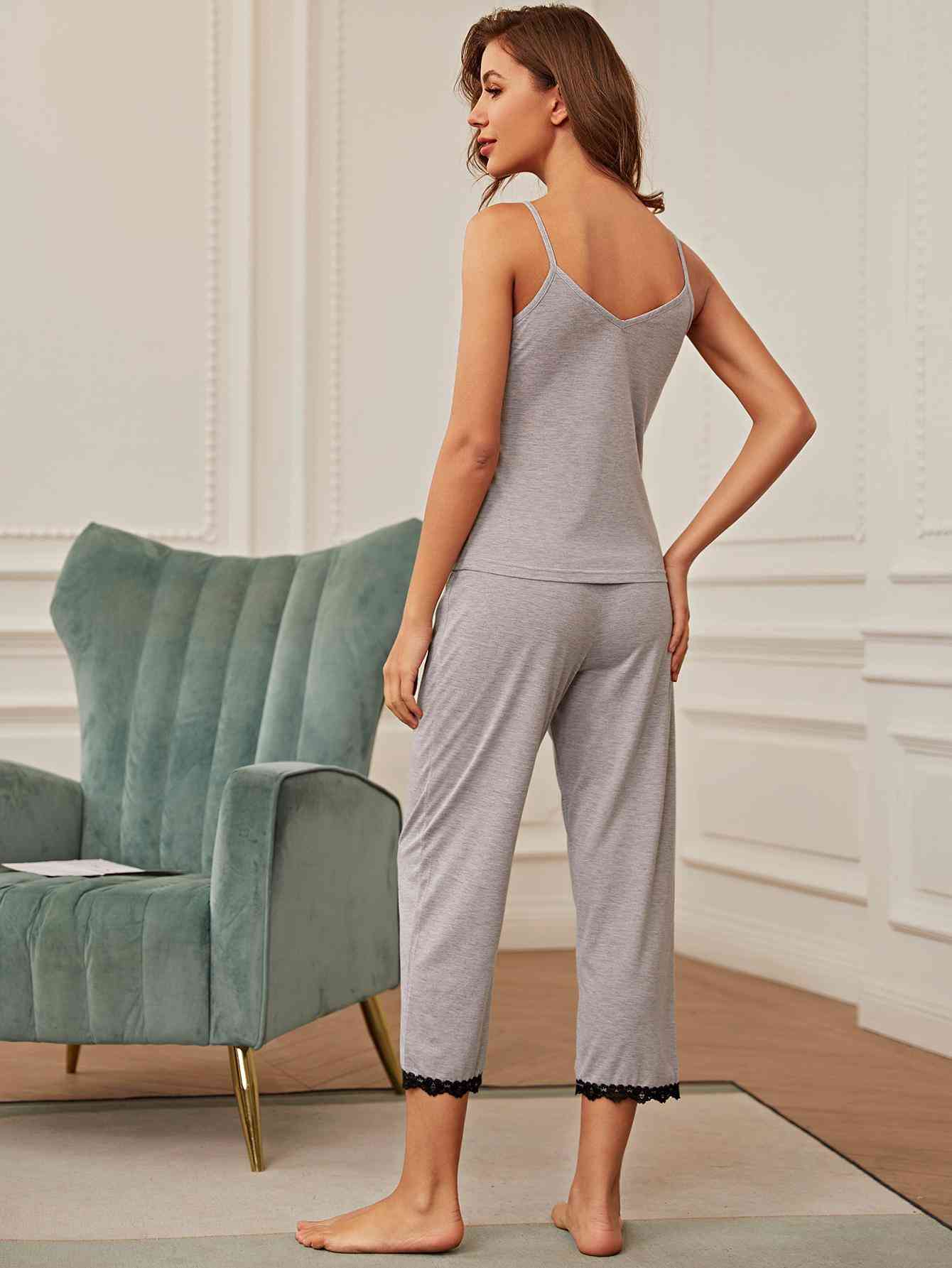 Gray V-Neck Lace Trim Slit Cami and Pants Pajama Set