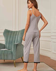 Gray V-Neck Lace Trim Slit Cami and Pants Pajama Set