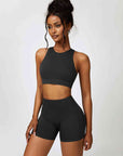 Light Gray Cutout Cropped Sport Tank and Shorts Set Sentient Beauty Fashions Apparel & Accessories