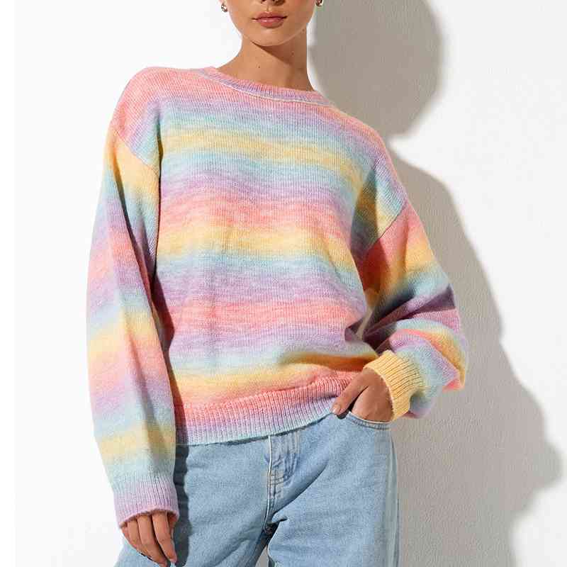 Light Gray Gradient Round Neck Long Sleeve Sweater