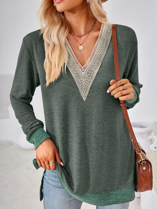 Gray Crochet Contrast V-Neck Long Sleeve Slit T-Shirt