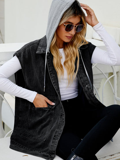 Black Hooded Sleeveless Denim Top with Pockets