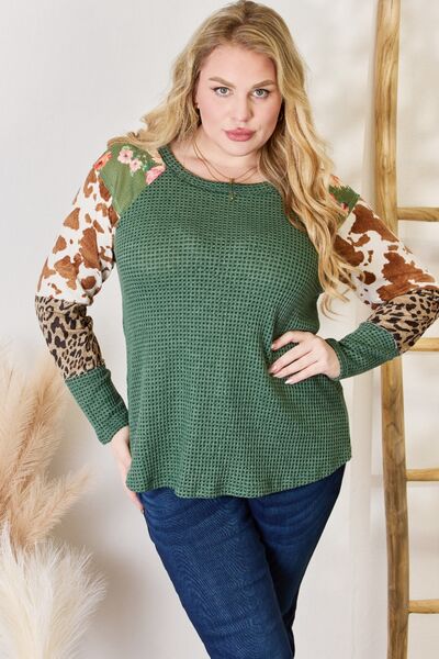 Light Gray Hailey &amp; Co Full Size Waffle-Knit Leopard Blouse Sentient Beauty Fashions Apparel &amp; Accessories