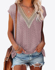 Beige Eyelet Contrast V-Neck Tee Sentient Beauty Fashions Tops
