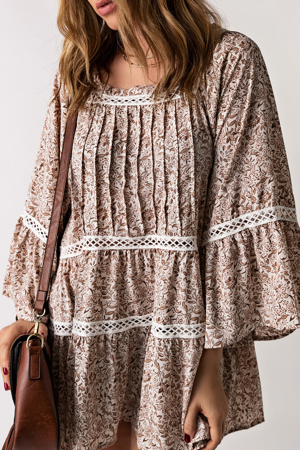 Gray Floral Pleated Flare Sleeve Blouse