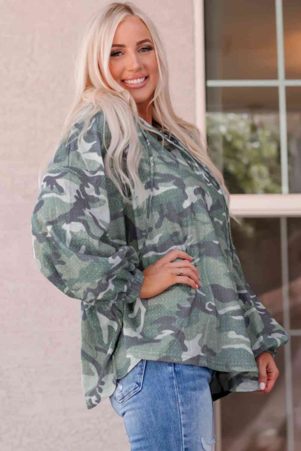 Dark Gray Camouflage Buttoned Dropped Shoulder Hoodie Sentient Beauty Fashions Apparel & Accessories