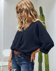 Dark Slate Gray V-Neck Roll-Tab Sleeve Blouse Sentient Beauty Fashions tops
