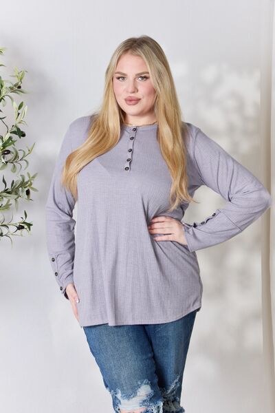 Gray Heimish Full Size Texture Half Button Long Sleeve Top Sentient Beauty Fashions Apparel &amp; Accessories