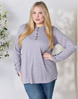 Gray Heimish Full Size Texture Half Button Long Sleeve Top Sentient Beauty Fashions Apparel & Accessories