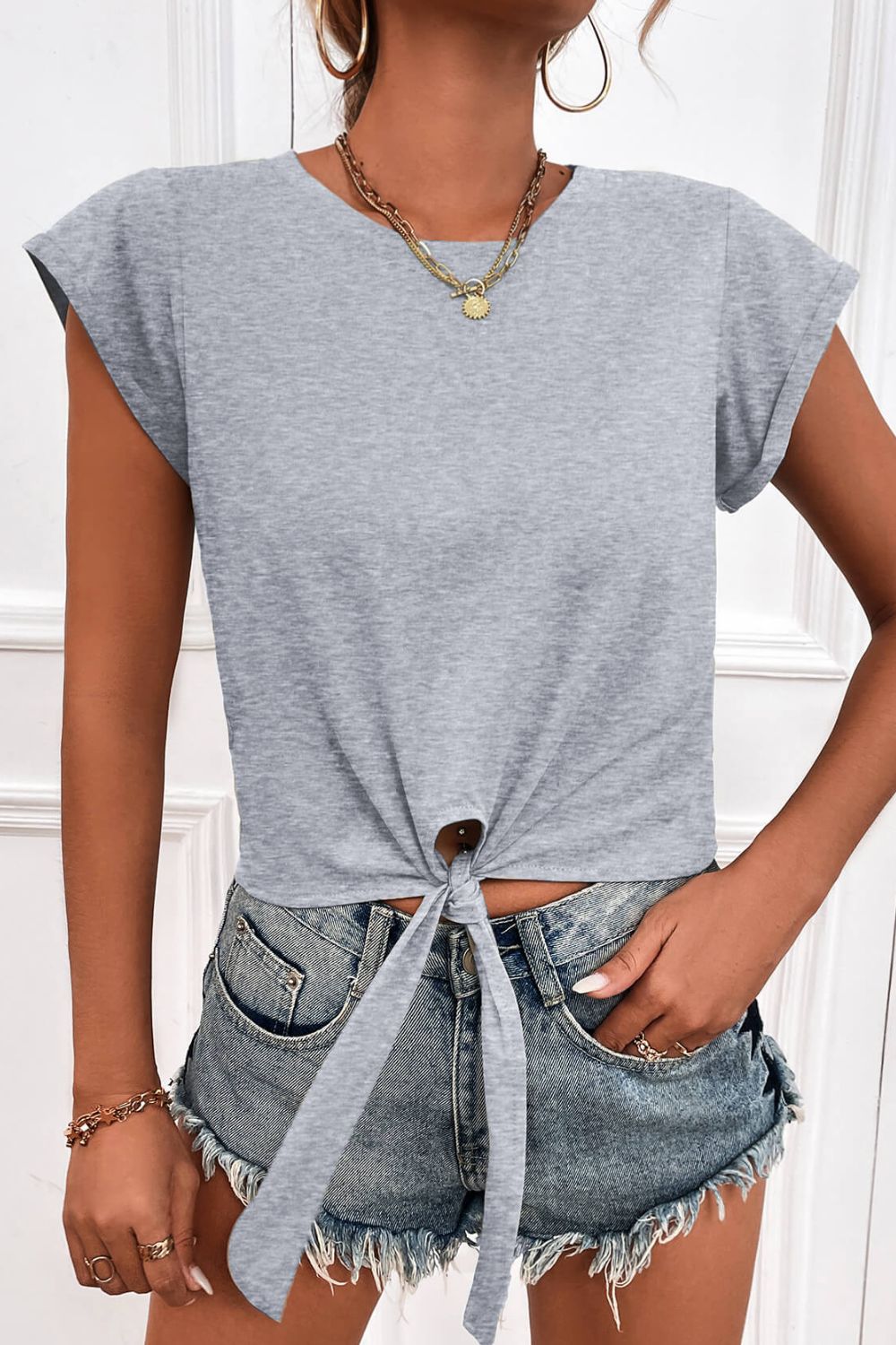 Light Gray Tied Round Neck Crop Tee Sentient Beauty Fashions Tops