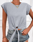 Light Gray Tied Round Neck Crop Tee