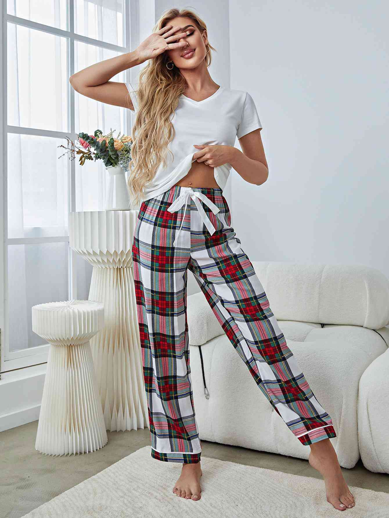 Gray V-Neck Tee and Plaid Pants Lounge Set Sentient Beauty Fashions Apparel & Accessories