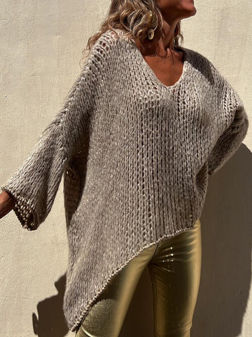 Rosy Brown Contrast V-Neck Long Sleeve Sweater
