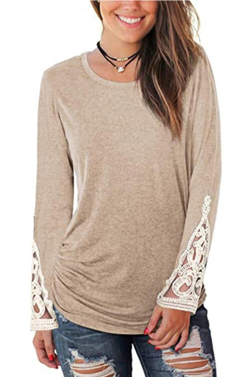 Rosy Brown Lace Detail Long Sleeve Round Neck T-Shirt Sentient Beauty Fashions Apparel &amp; Accessories
