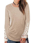 Rosy Brown Lace Detail Long Sleeve Round Neck T-Shirt Sentient Beauty Fashions Apparel & Accessories