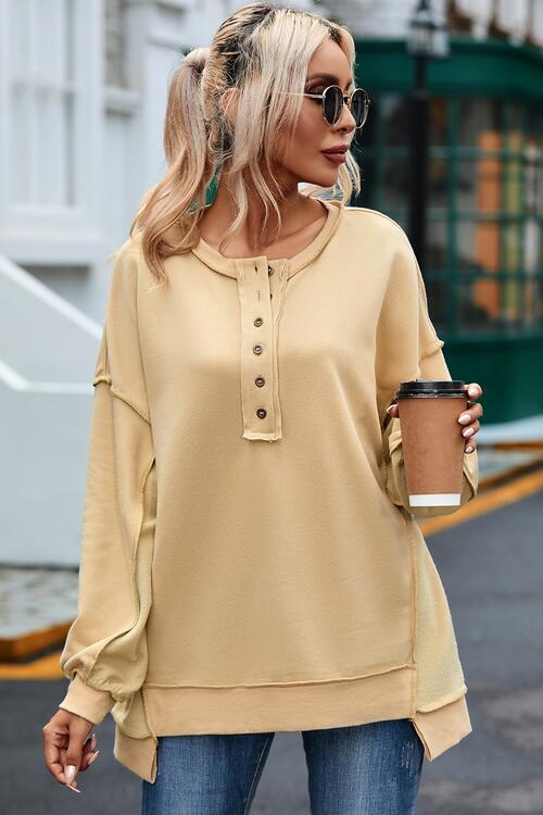 Rosy Brown Buttoned Dropped Shoulder Sweatshirt Sentient Beauty Fashions Apparel & Accessories