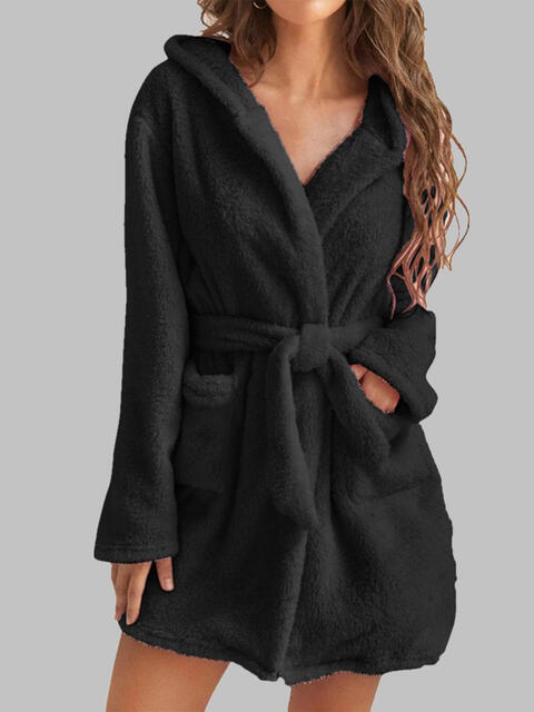 Gray Tie Waist Hooded Robe Sentient Beauty Fashions Apparel & Accessories