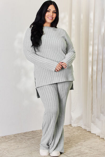 Gray Basic Bae Full Size Ribbed High-Low Top and Wide Leg Pants Set Sentient Beauty Fashions Apparel &amp; Accessories