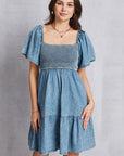 Gray Smocked Square Neck Mini Denim Dress Sentient Beauty Fashions Apparel & Accessories