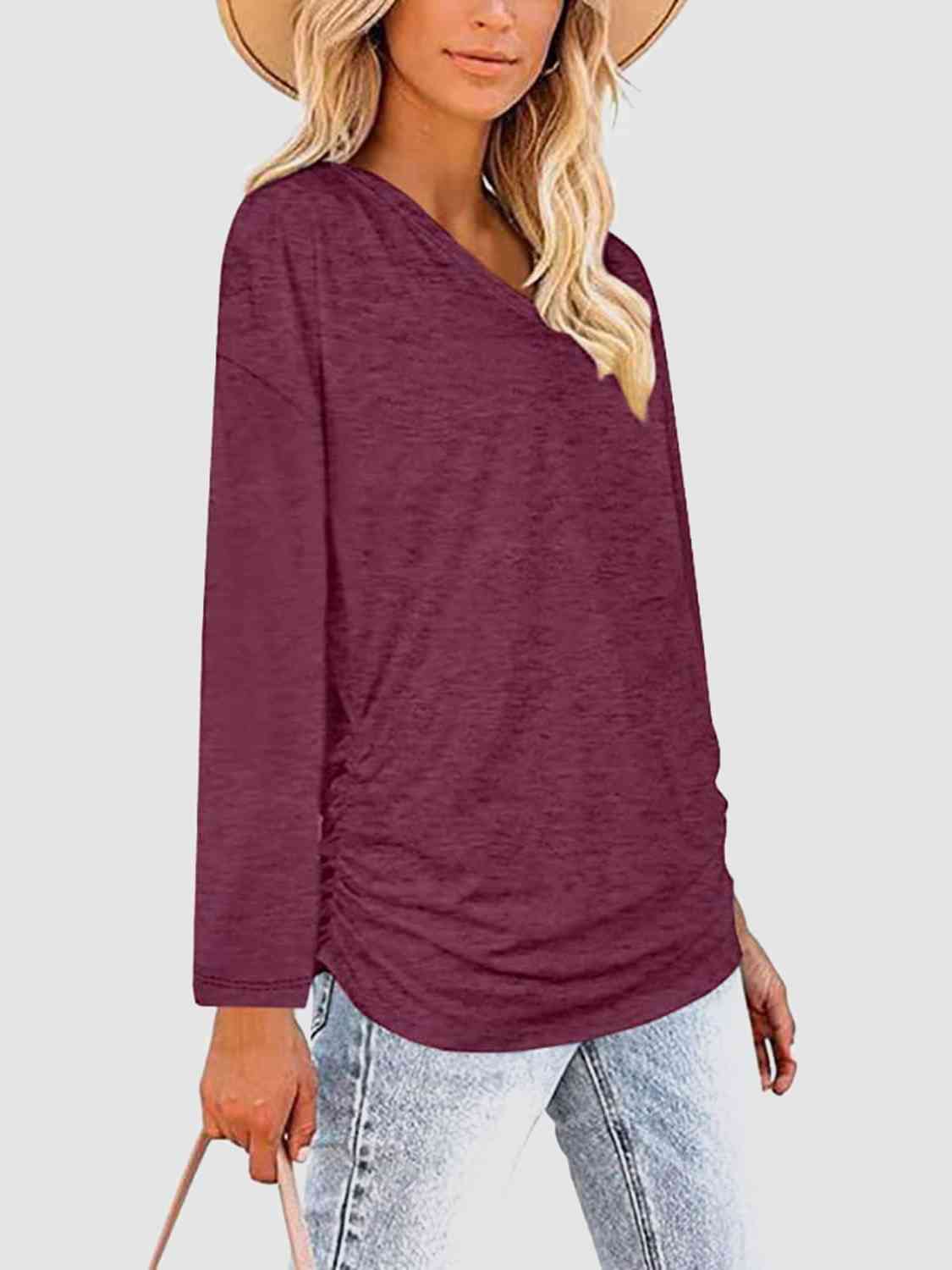 Saddle Brown Ruched V-Neck Long Sleeve T-Shirt