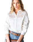 Antique White Spliced Lace High-Low Shirt Sentient Beauty Fashions Apparel & Accessories