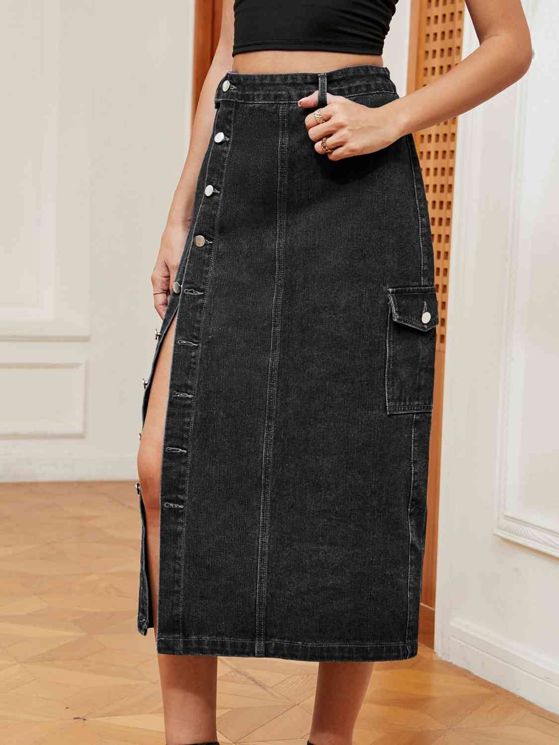 Gray Button Down Denim Skirt Sentient Beauty Fashions Apparel &amp; Accessories