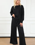Black Double Take Full Size Textured Long Sleeve Top and Drawstring Pants Set Sentient Beauty Fashions Apparel & Accessories