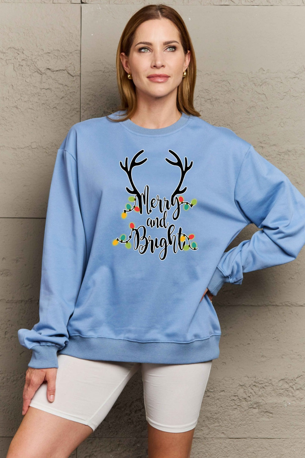 Dark Gray Simply Love Full Size MERRY AND BRIGHT Graphic Sweatshirt Sentient Beauty Fashions Tops