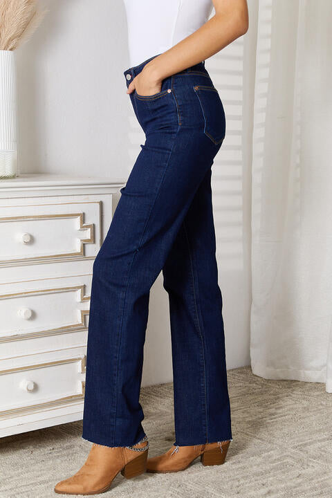 Gray Judy Blue Full Size Raw Hem Straight Leg Jeans with Pockets