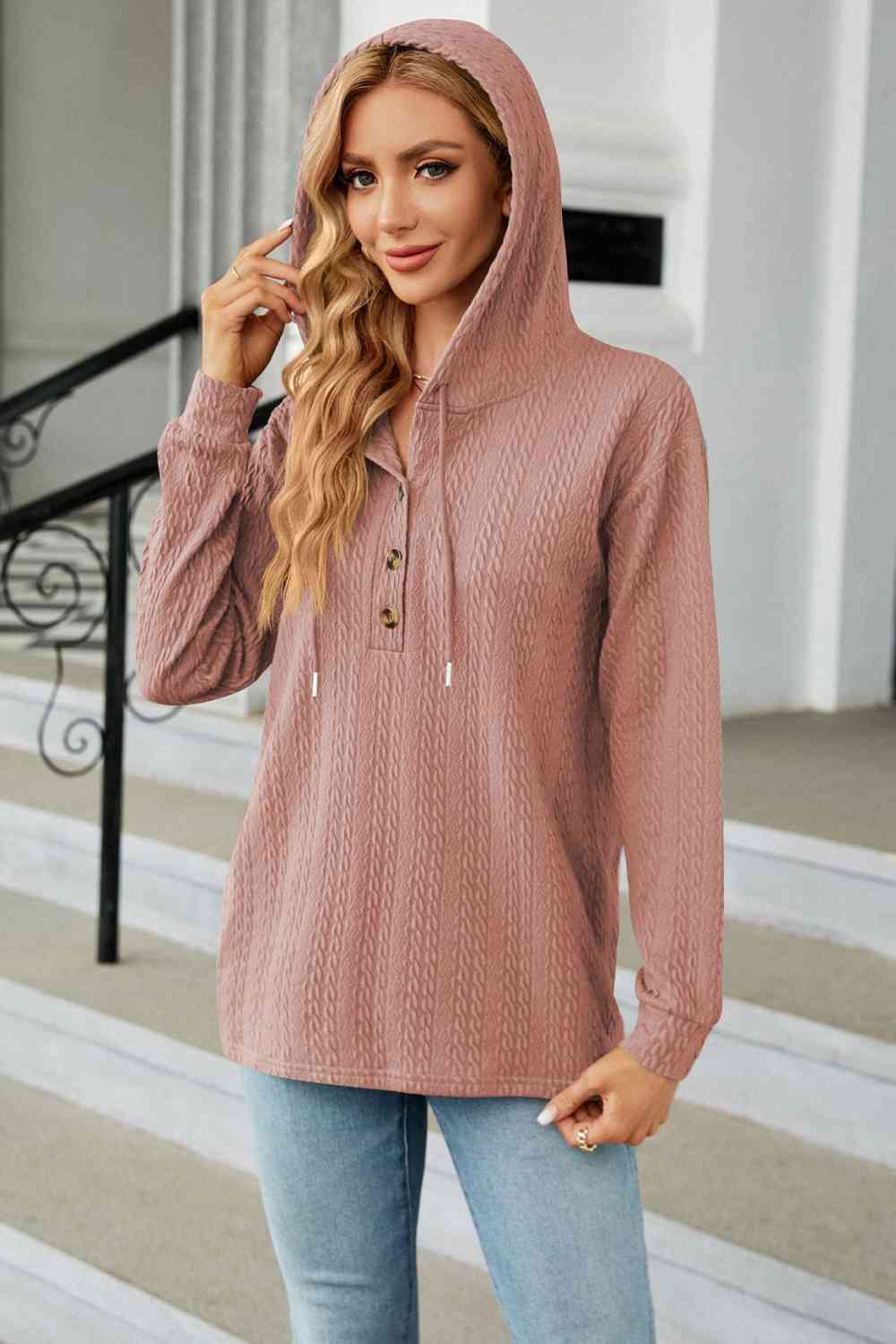 Rosy Brown Cable-Knit Long Sleeve Hoodie