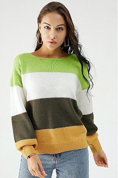 Dark Slate Gray Color Block Dropped Shoulder Sweater Sentient Beauty Fashions Apparel & Accessories