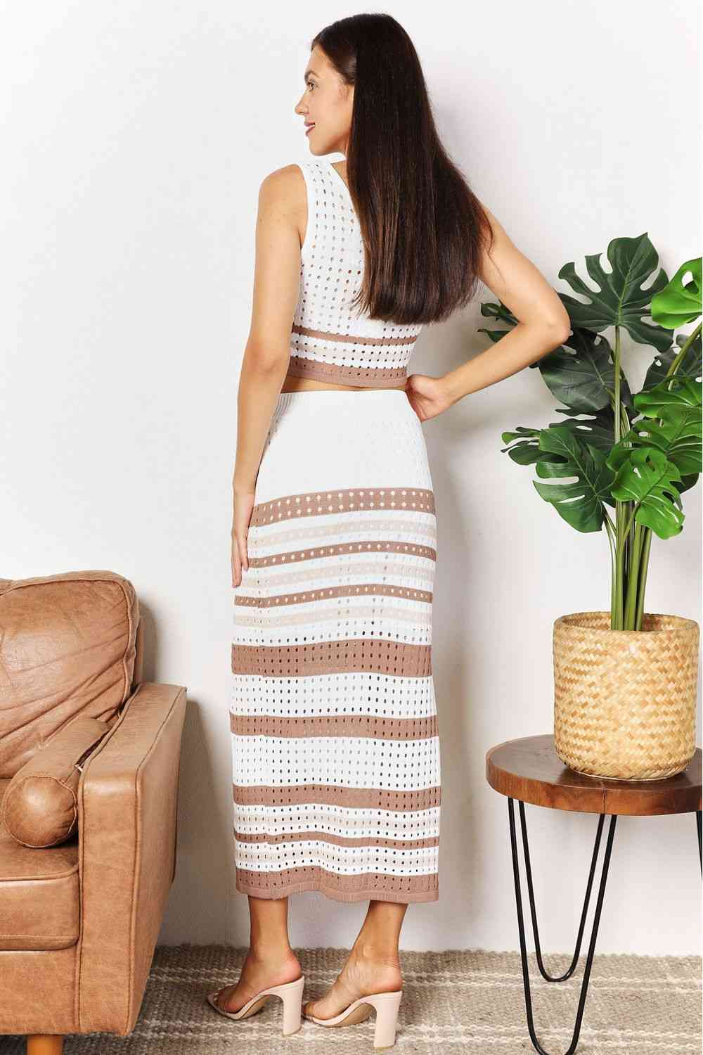 Light Gray Double Take Striped Openwork Cropped Tank and Split Skirt Set Sentient Beauty Fashions Apparel & Accessories