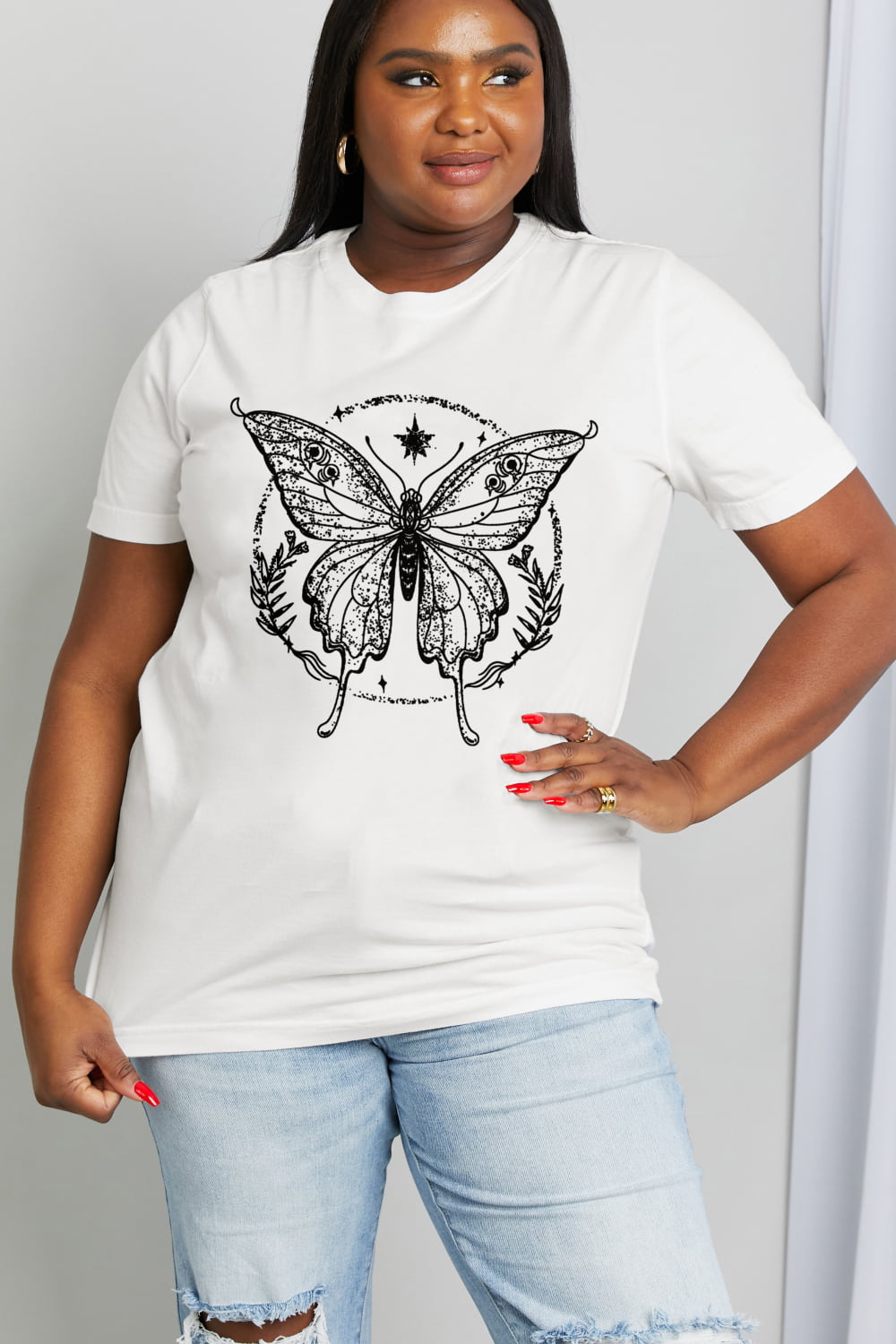 Light Gray Simply Love Full Size Butterfly Graphic Cotton Tee Sentient Beauty Fashions Apparel & Accessories