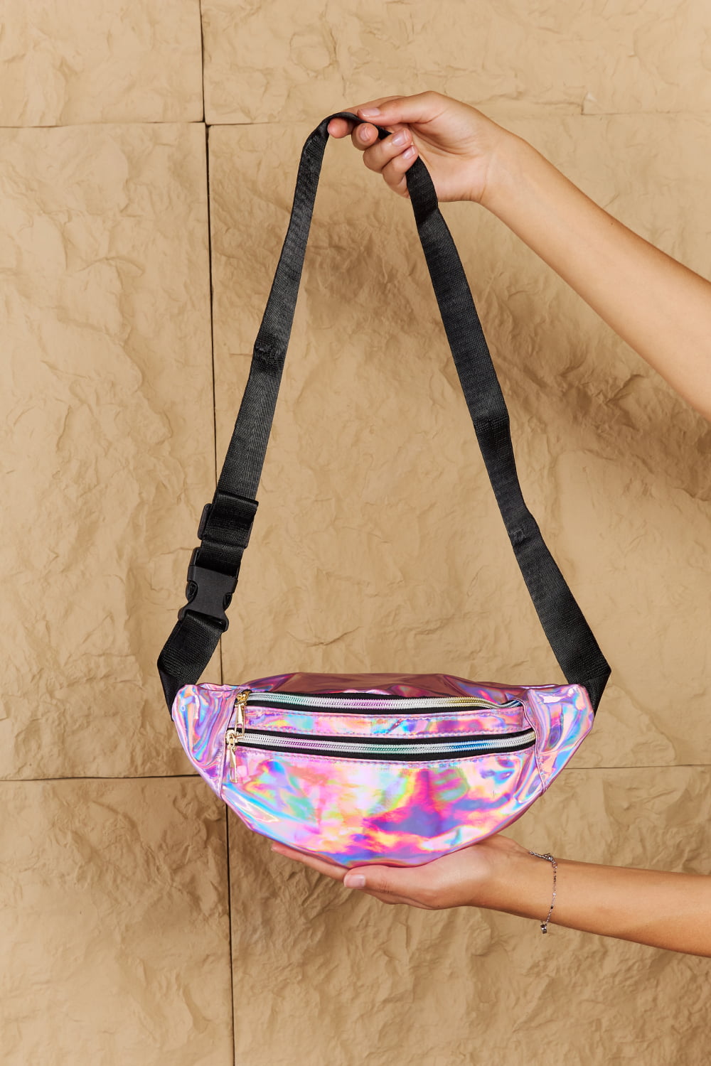 Dark Khaki Fame Good Vibrations Holographic Double Zipper Fanny Pack in Hot Pink Sentient Beauty Fashions *Accessories